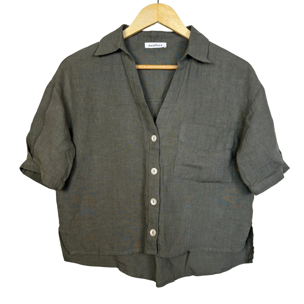 Neuflora 100% Linen Boxy Cropped Button Down Shirt Small Olive Green Minimalist